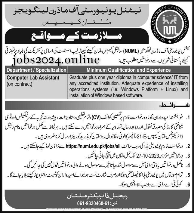 Job Opportunity At NUML Multan Campus