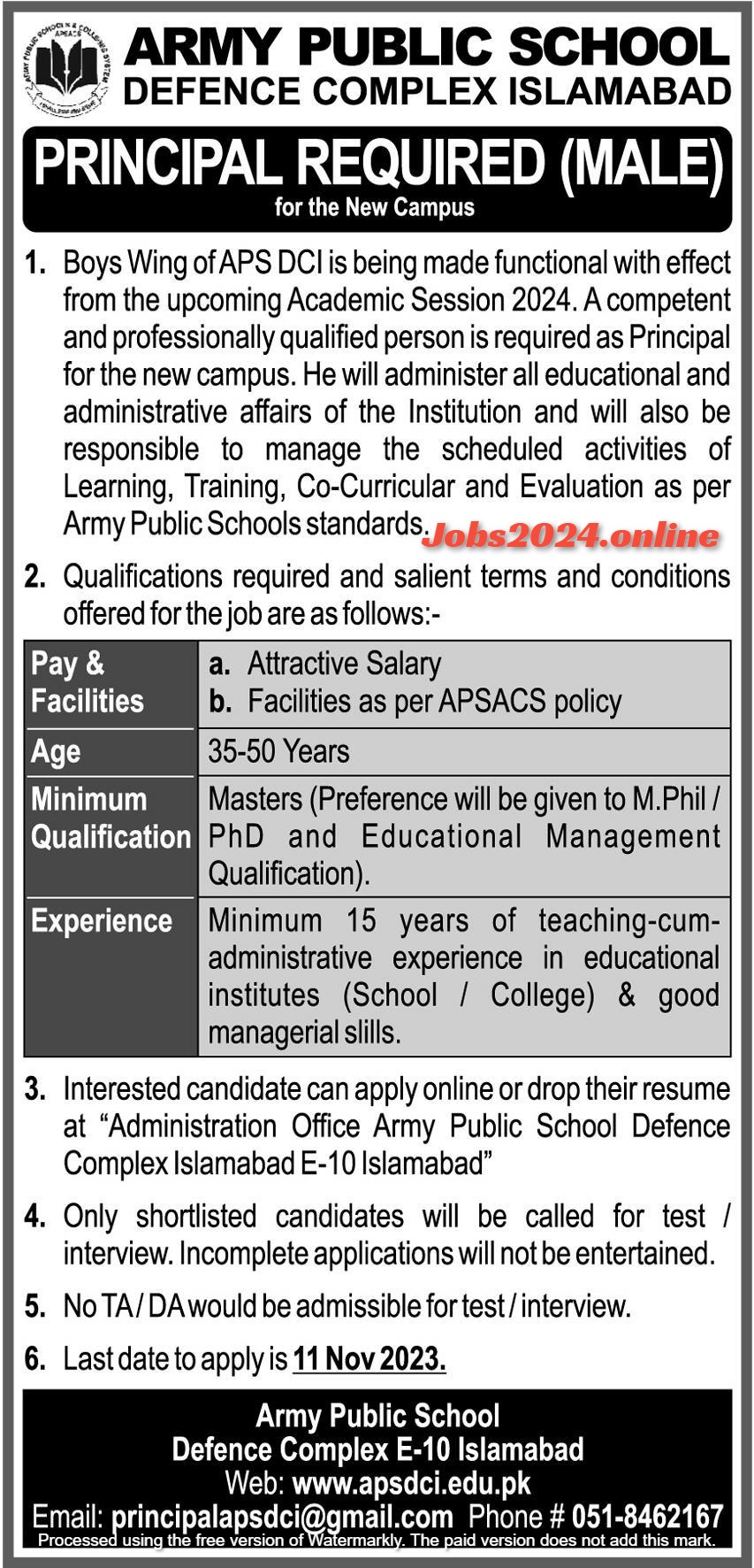 Army Public School DCI Islamabad Jobs 2023 