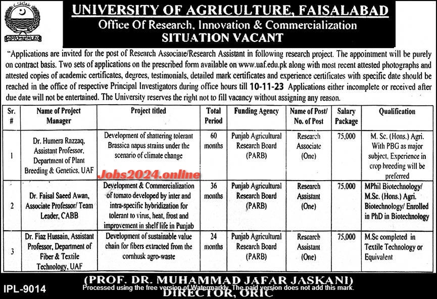 University Of Agriculture Faisalabad Research Jobs 2023